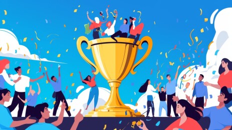 人们围着大奖杯庆祝的场景