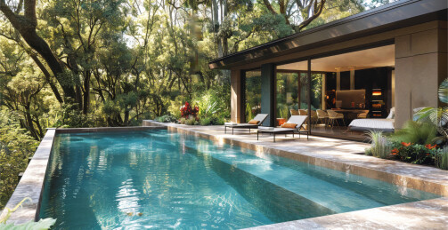 泳池现代海景别墅空间感砖地露台与天空背景