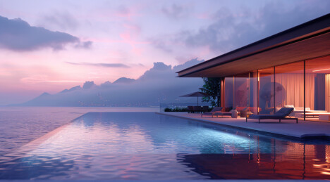 别墅建筑外部的游泳池景观效果图