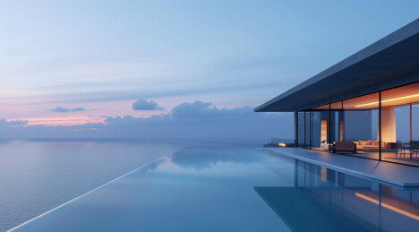 别墅建筑外部的游泳池景观效果图