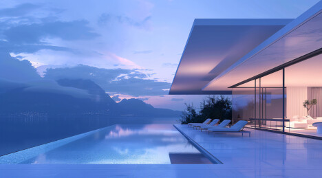 别墅建筑外部的游泳池景观效果图