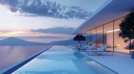 别墅建筑外部的游泳池景观效果图