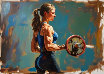 一个正在举重的女运动员写实绘画