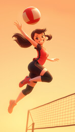 一个女生跳跃起来击打排球3D插画