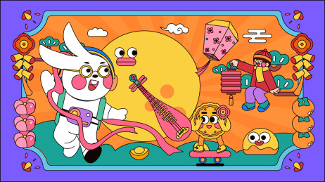 中秋团圆月亮兔子月饼扁平描边插画