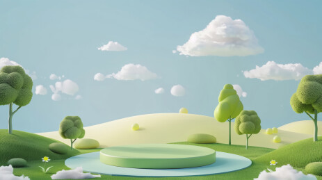 3D绿色卡通天空草地风景圆形电商产品展台