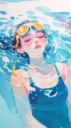 夏天清新明亮戴泳帽泳镜游泳的女孩