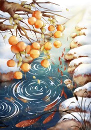 冬日池水边的柿子树