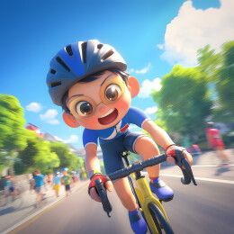 一个小男孩正在骑自行车背后是运动员插画