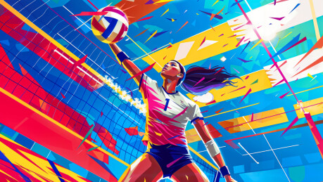 女排运动员高高跃起扣球场景