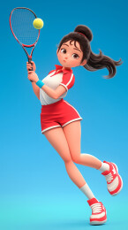 穿着红色衣服打网球的卡通女性运动员