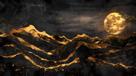 月亮金山水墨风景插画海报背景