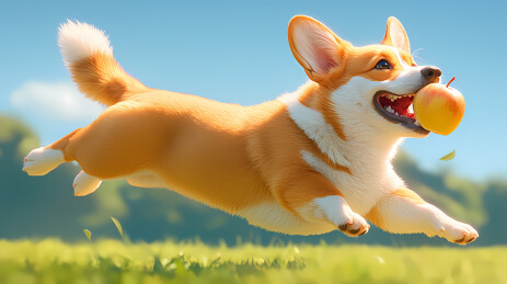 公园里追着苹果跑的小狗插画