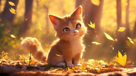 森林猫落叶壁纸