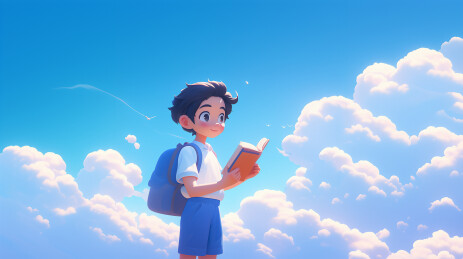 背着书包捧着书籍的男孩