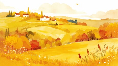 秋季风景插画水彩风格