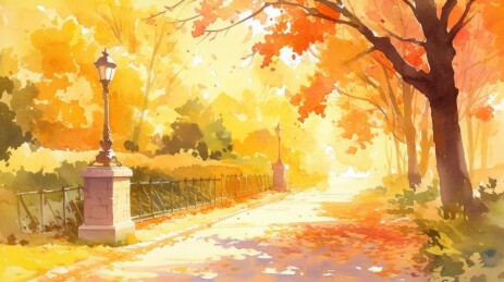 秋季风景插画水彩风格