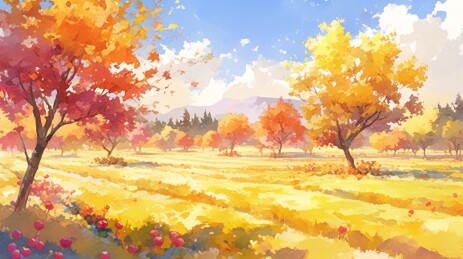 秋季风景插画水彩风格