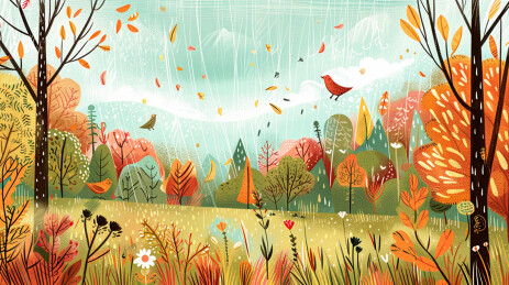 下着雨的秋天的森林风光插画