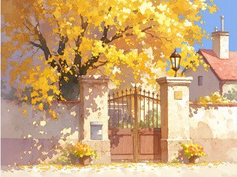 水彩风格 秋天的街景 金色的落叶
