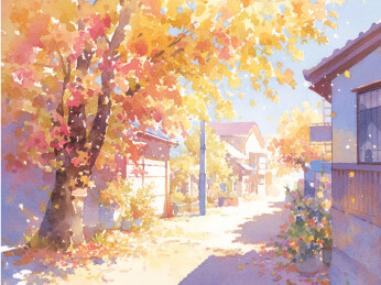 水彩风格 秋天的街景 金色的落叶