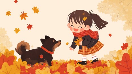 树林里的女孩和小狗