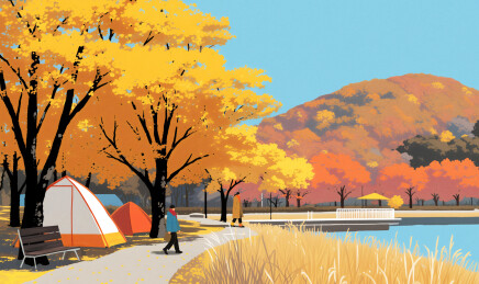 秋天几个人在公园露营