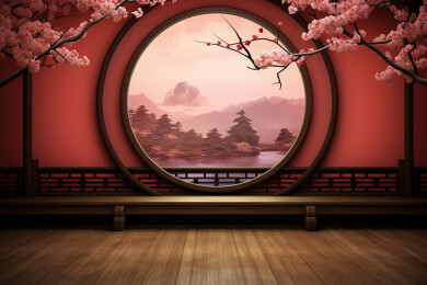 中式红墙和窗外的山水风景