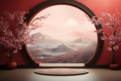 中式红墙和窗外的山水风景