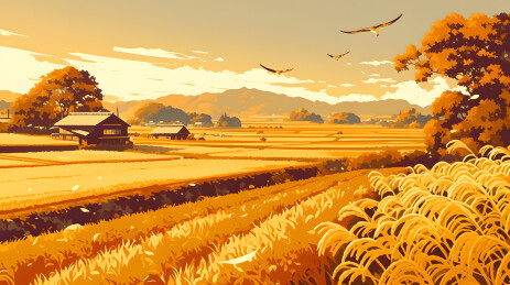 秋天麦田卡通插画