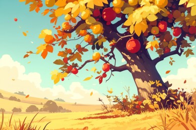 秋季晴天金黄色田野上长满果实的果树插画