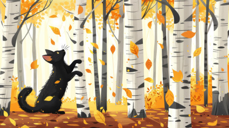 小猫在秋季白桦林插图