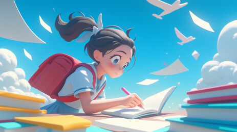 一个女孩在写作业