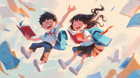 两个学生背着书包收纳书记在跳跃