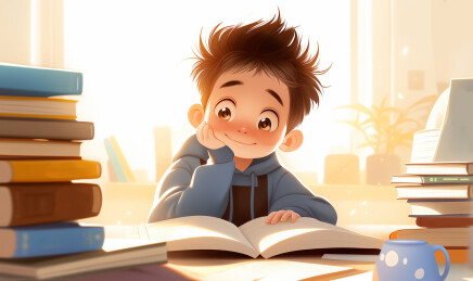 一个小女孩坐在书桌前看书学习