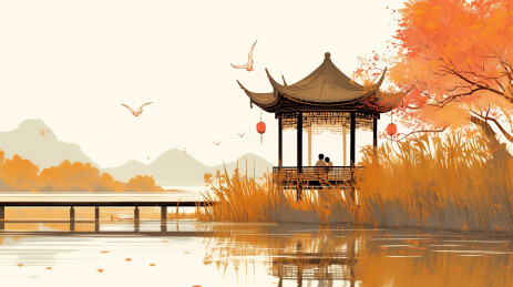 湖边的传统建筑亭子