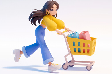 年轻时尚女人推着一辆购物车