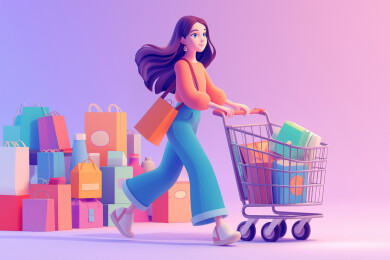 年轻时尚女人推着一辆购物车