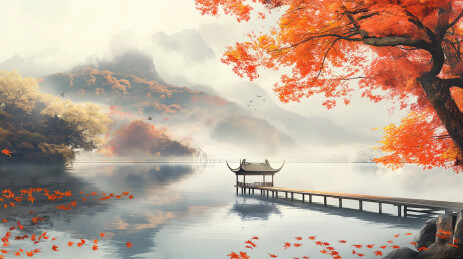 中国风水墨画秋季湖景