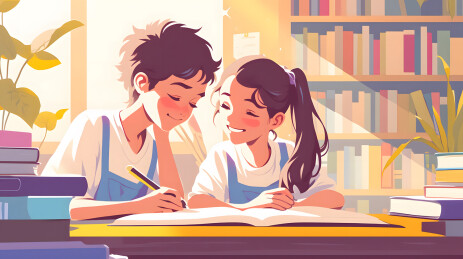 一起讨论的学生