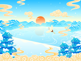 中国冬天山河大雪风景国潮矢量插画