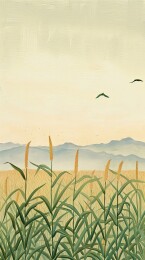 成熟的禾谷和远山飞鸟