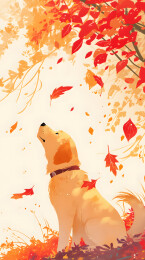 秋季看落叶的小狗