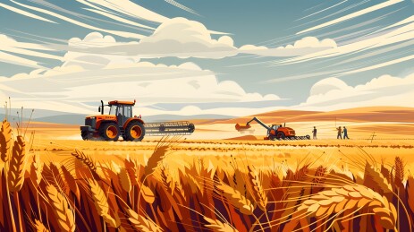 金色的麦田里农民们正在用收割机收割