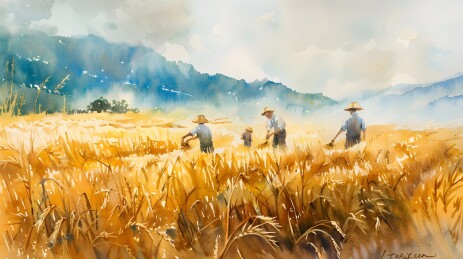 农民在收割金灿灿的麦田