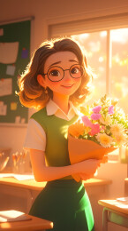 教师节收到鲜花花束的老师卡通插画