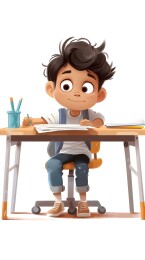 一个男孩在书桌上做作业的白底图