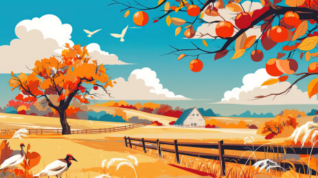 秋天的柿子树矢量风格插画