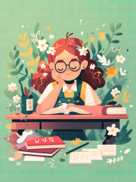 植物背景在看书的小女孩