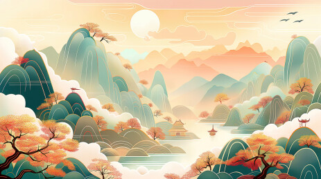 秋天国风山水插画